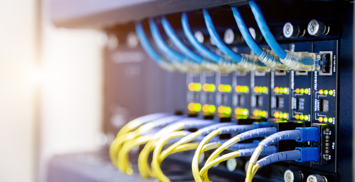 High-speed telecommunication & networking setup with structured cabling for seamless data transfer.